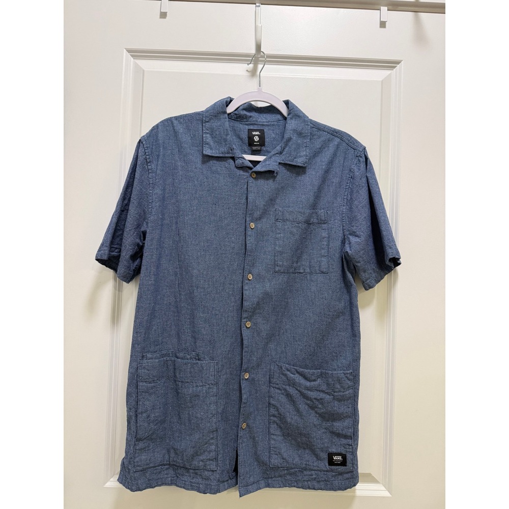 Vans Mens Medium Blue Short Sleeve Button Down Classic Fit Utility Pocket Shirt